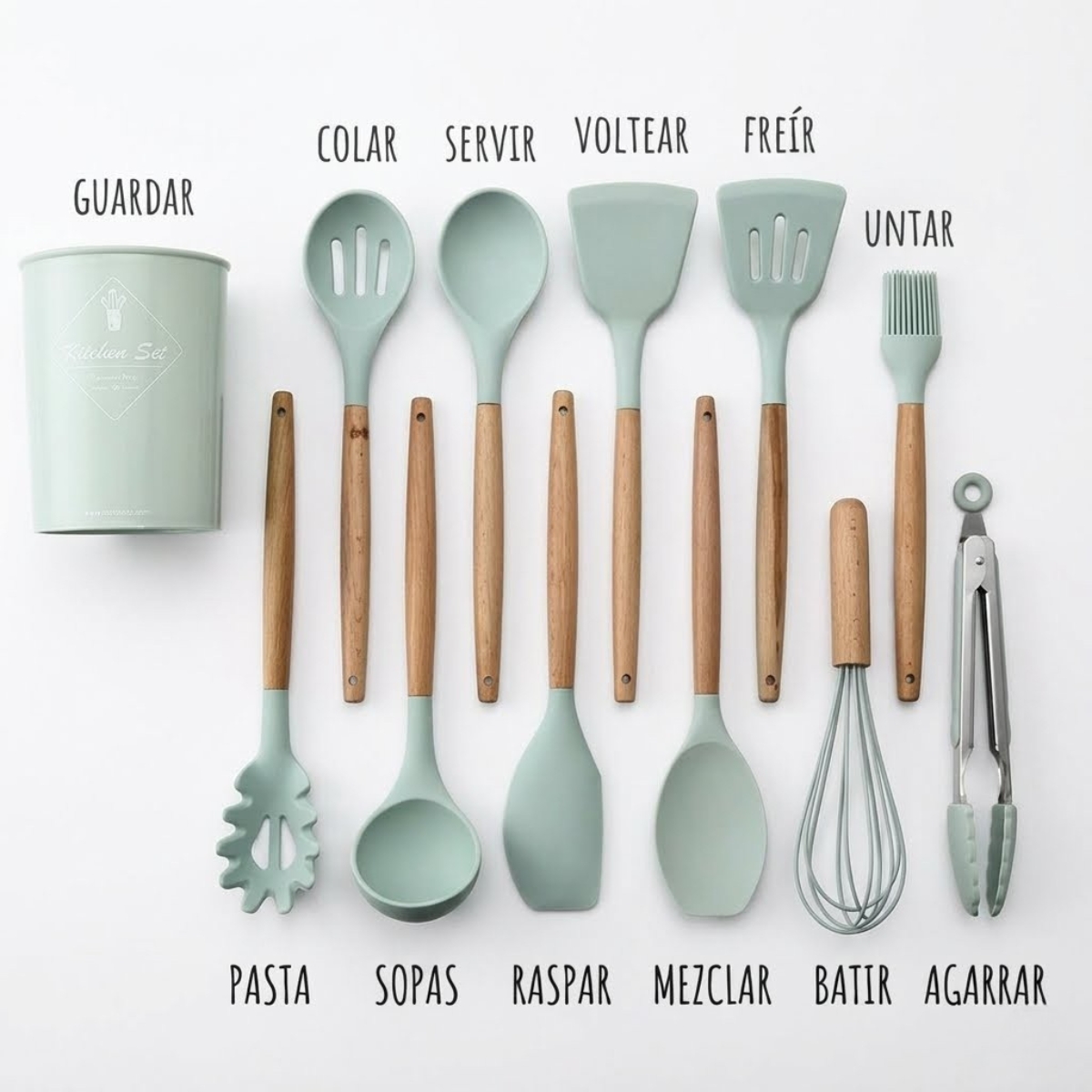 SET DE UTENSILIOS DE SILICONA DE 12 PIEZAS VERDE AGUA - 8