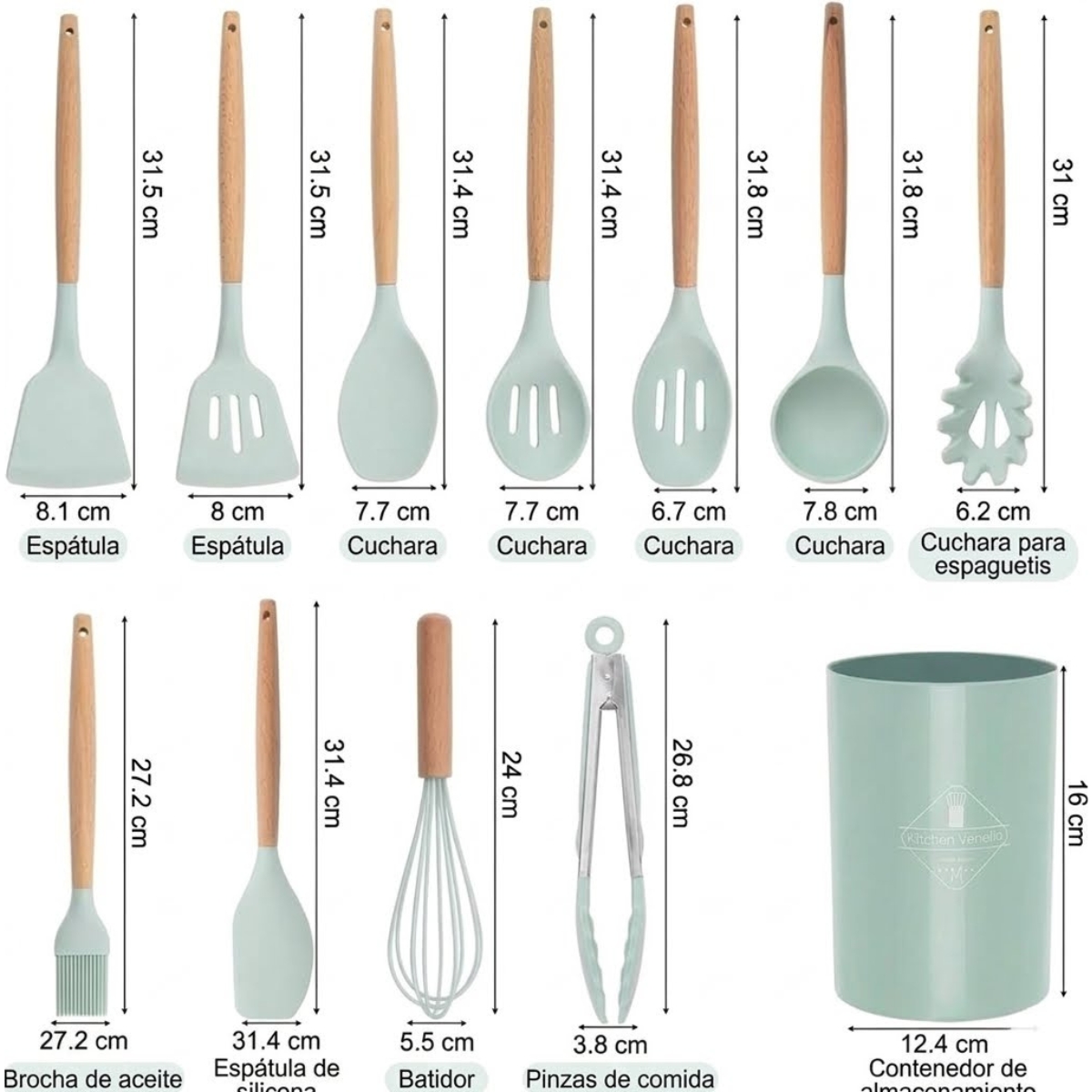 SET DE UTENSILIOS DE SILICONA DE 12 PIEZAS VERDE AGUA - 9