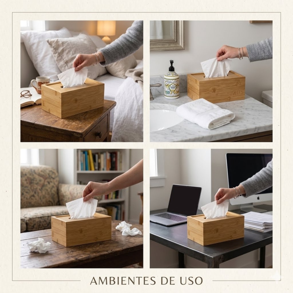 DISPENSADOR DE PAÑUELOS DISEÑO MADERA BAMBÚ CLARO - 7