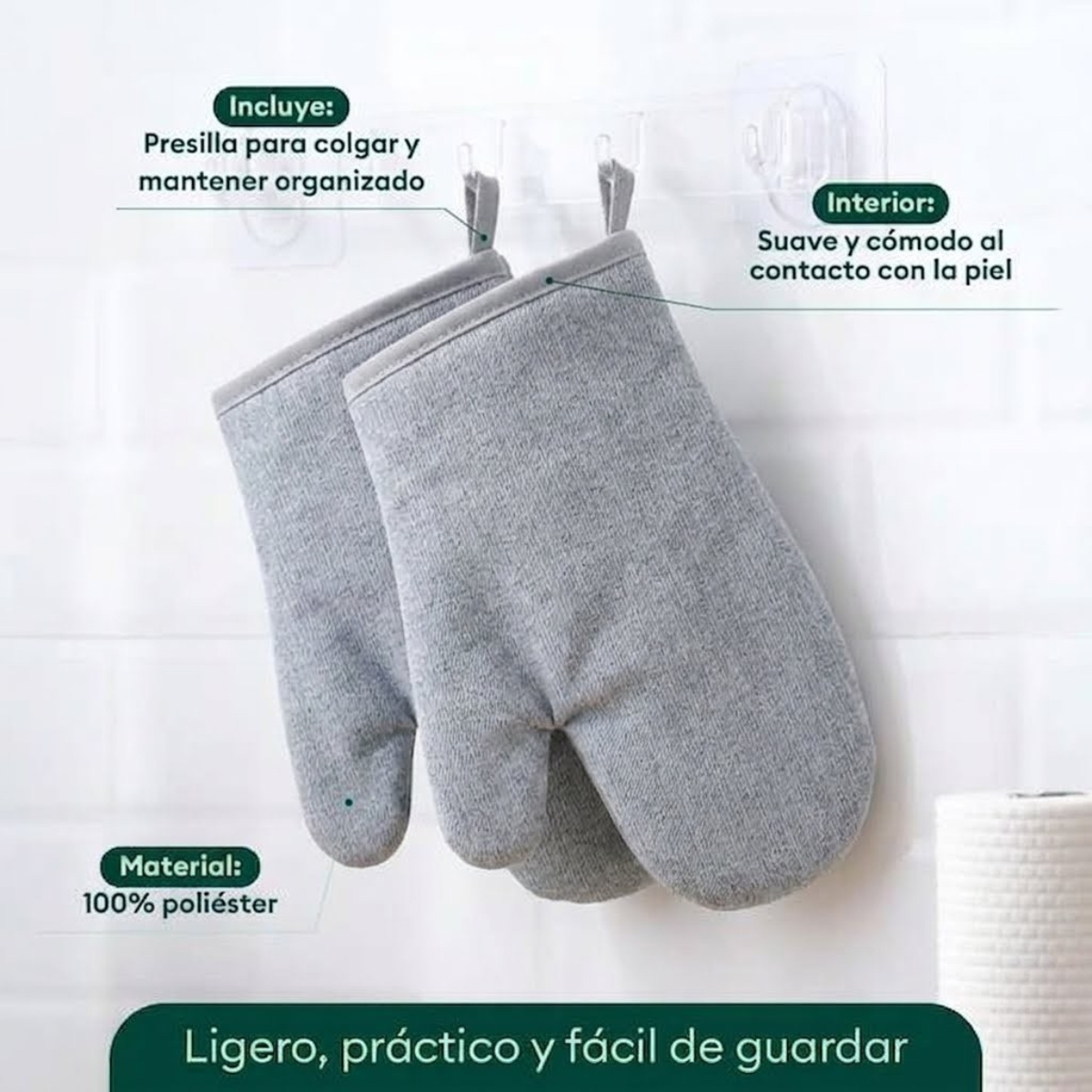 GUANTES DE COCINA ACOLCHADOS PARA HORNO COLOR GRIS - 6