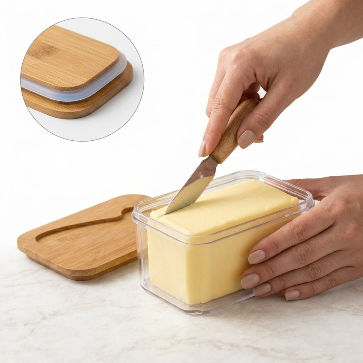 MANTEQUILLERA CON CUCHILLO Y TAPA DE BAMBÚ - 1