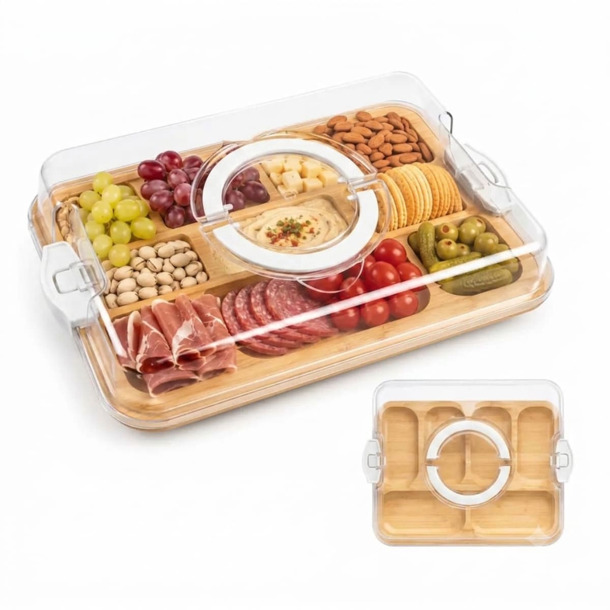 BANDEJA RECTANGULAR DE BAMBÚ CON TAPA Y DIVISIONES BLANCO - 1