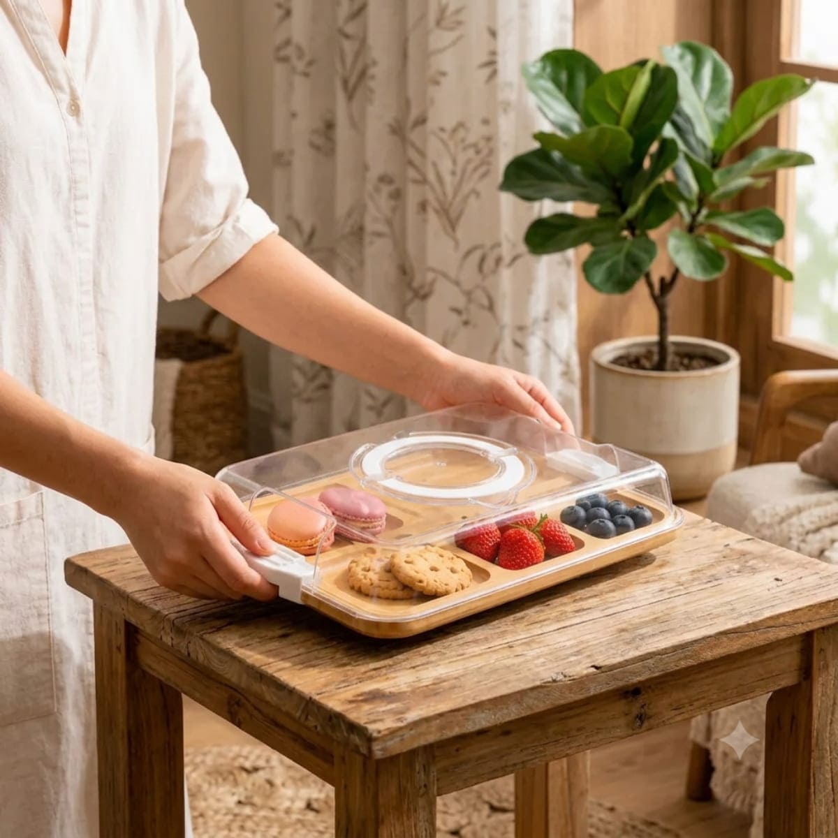 BANDEJA RECTANGULAR DE BAMBÚ CON TAPA Y DIVISIONES BLANCO - 2