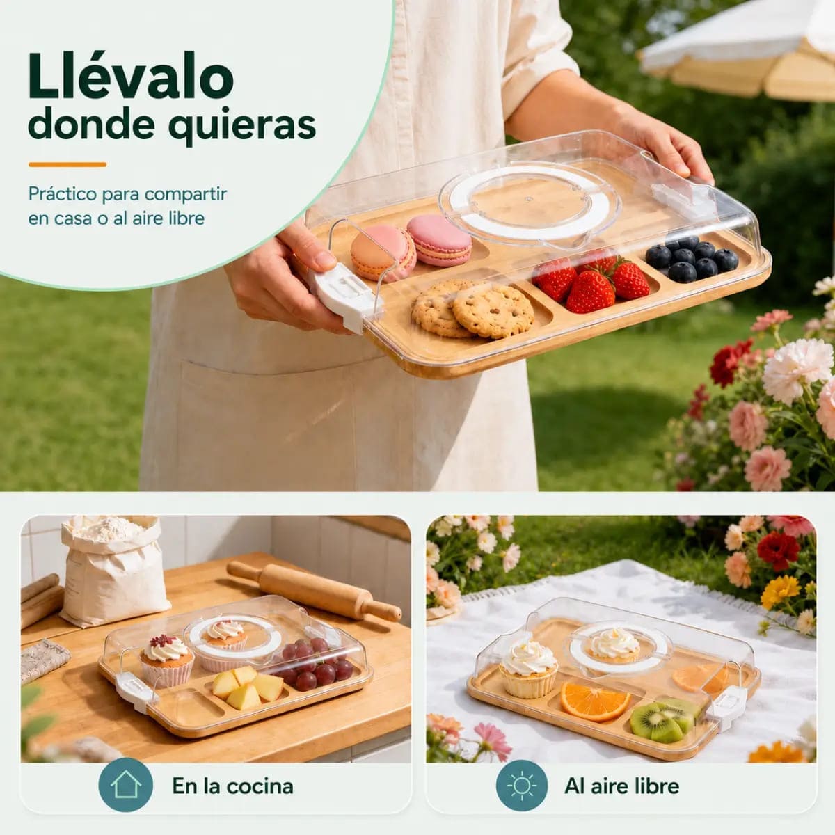 BANDEJA RECTANGULAR DE BAMBÚ CON TAPA Y DIVISIONES BLANCO - 3