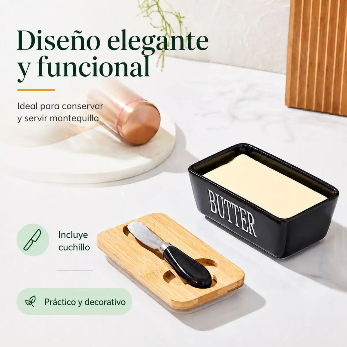 MANTEQUILLERA DE CERÁMICA CON TAPA DE BAMBÚ Y CUCHILLO NEGRO - 5