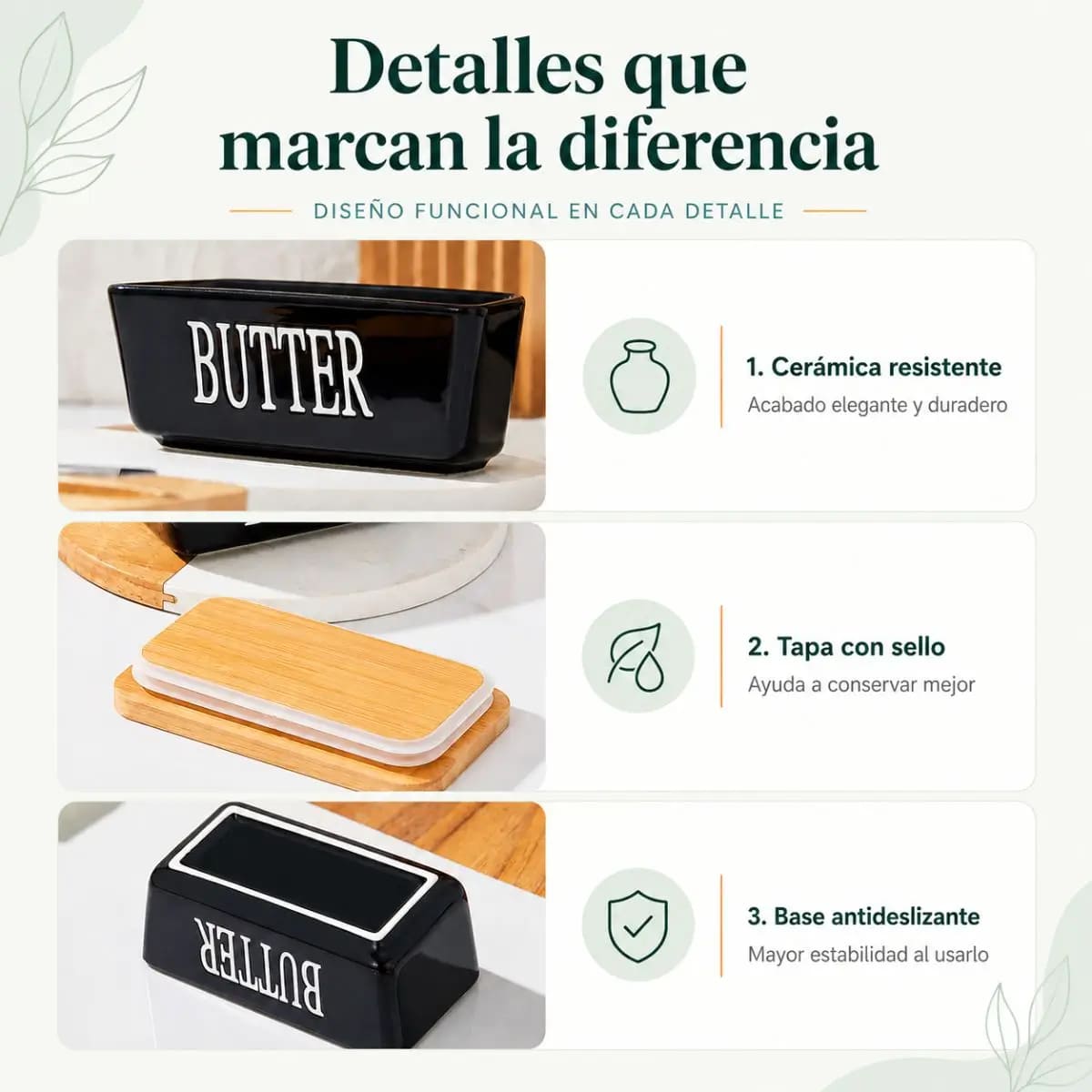 MANTEQUILLERA DE CERÁMICA CON TAPA DE BAMBÚ Y CUCHILLO NEGRO - 6