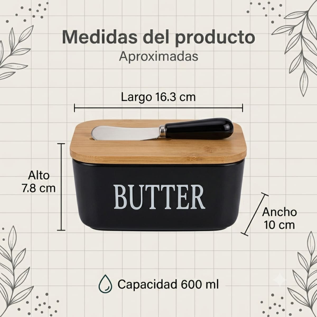 MANTEQUILLERA DE CERÁMICA CON TAPA DE BAMBÚ Y CUCHILLO NEGRO - 8