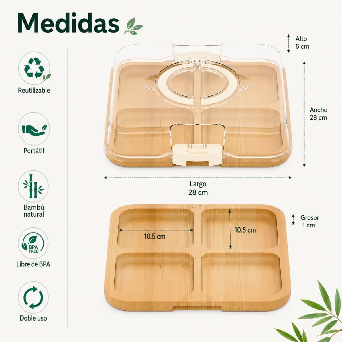 BANDEJA CUADRADO DE BAMBÚ CON TAPA DETALLES BLANCO - 8
