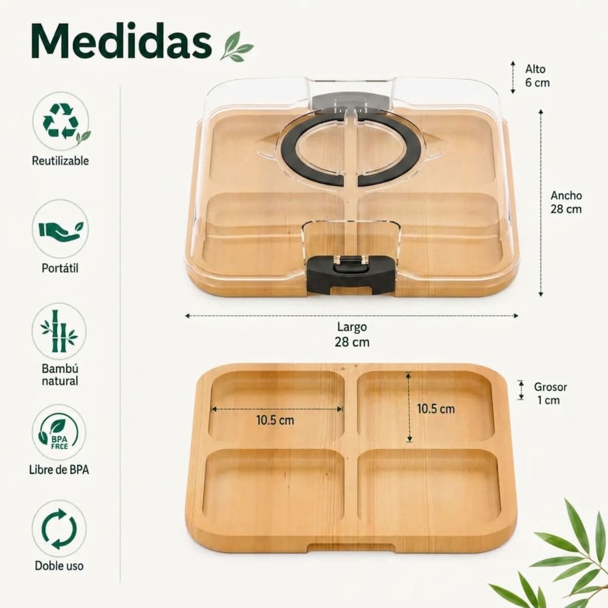 BANDEJA CUADRADO DE BAMBÚ CON TAPA CON DETALLES NEGRO - 8