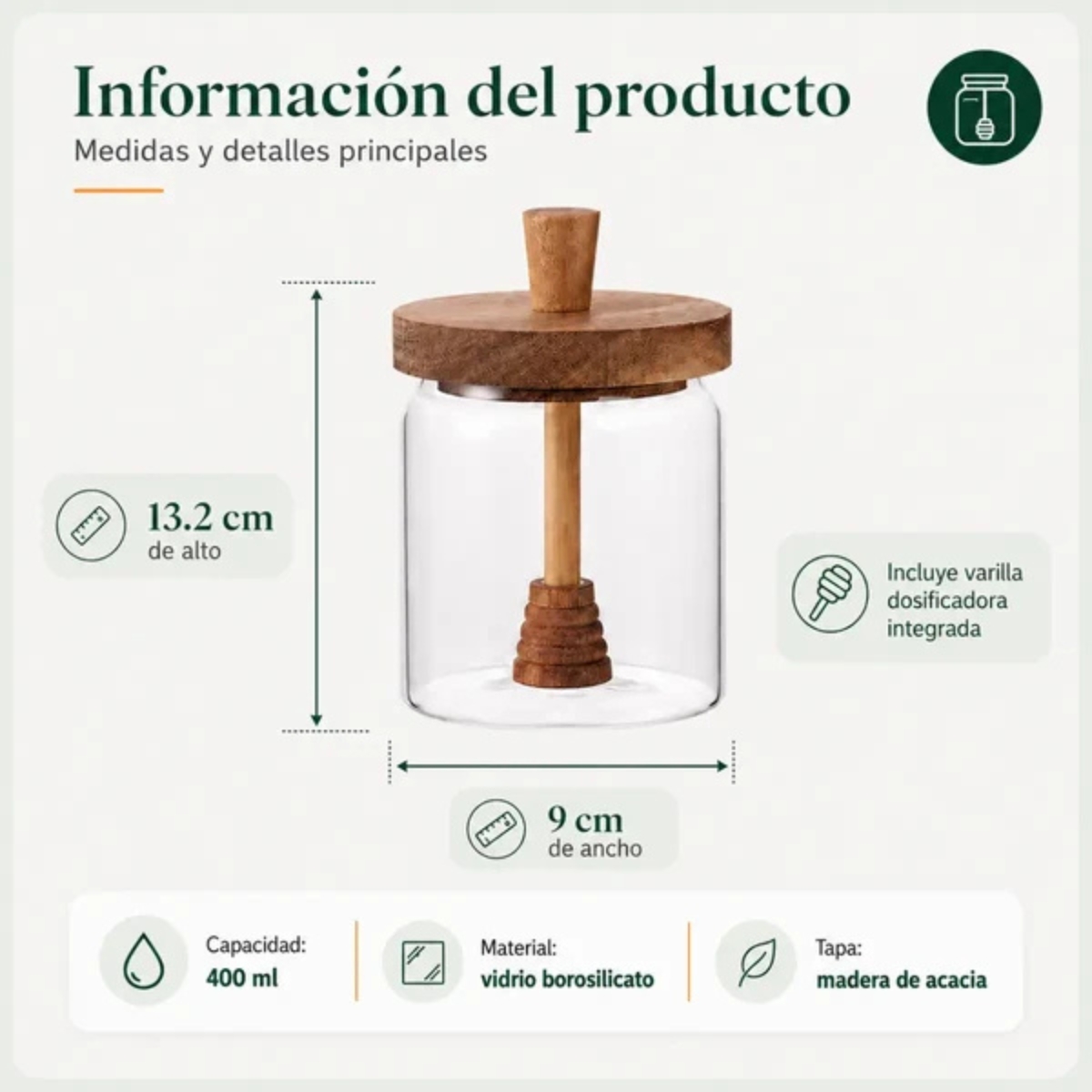 FRASCO PARA MIEL 400 ML CON TAPA DE MADERA - 8