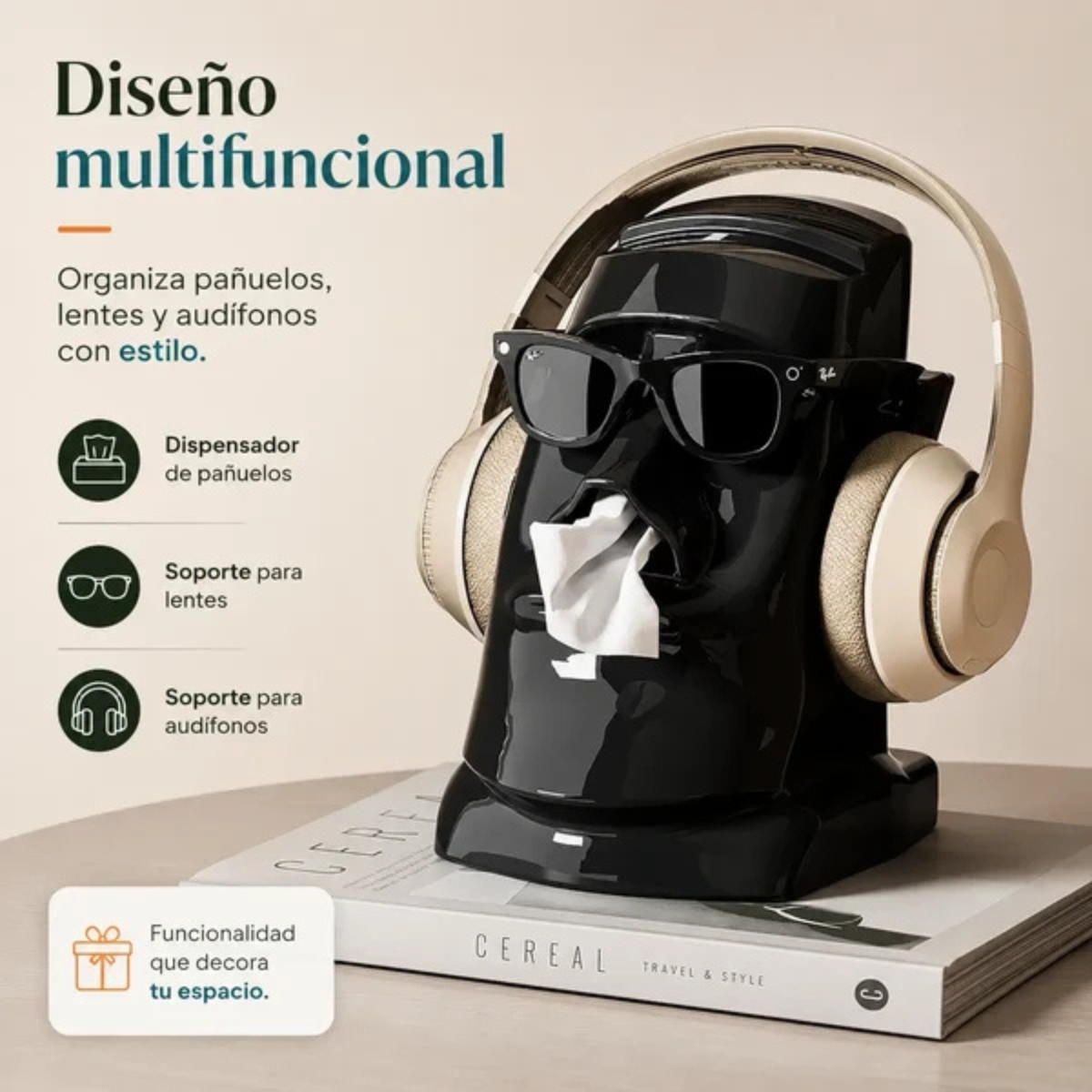 DISPENSADOR MOAI MULTIUSO PARA PAÑUELOS Y AUDÍFONOS NEGRO - 4