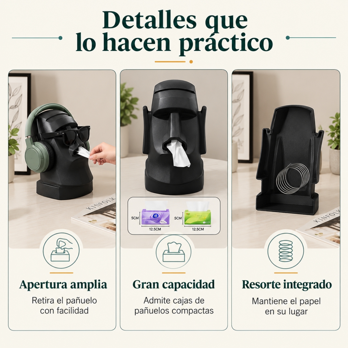 DISPENSADOR MOAI MULTIUSO PARA PAÑUELOS Y AUDÍFONOS NEGRO - 5