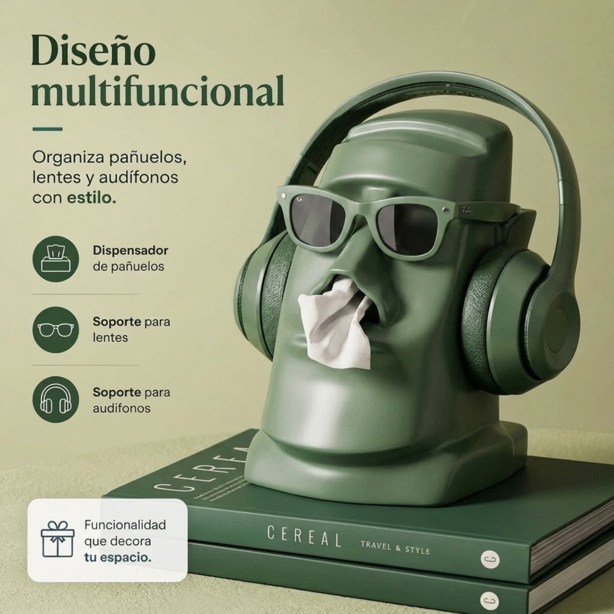 DISPENSADOR MOAI MULTIUSO PARA PAÑUELOS Y AUDÍFONOS VERDE - 4