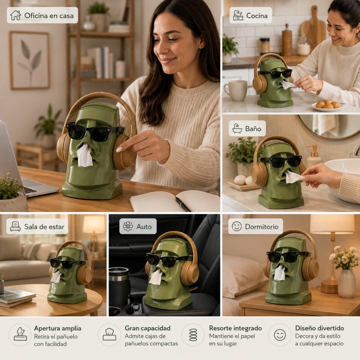 DISPENSADOR MOAI MULTIUSO PARA PAÑUELOS Y AUDÍFONOS VERDE - 5