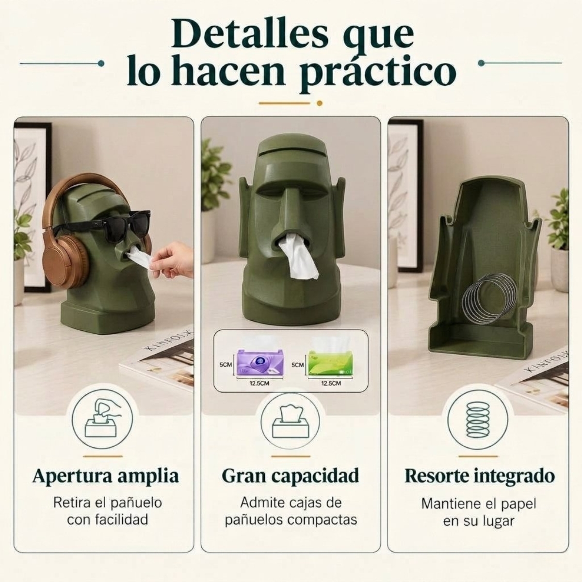 DISPENSADOR MOAI MULTIUSO PARA PAÑUELOS Y AUDÍFONOS VERDE - 6