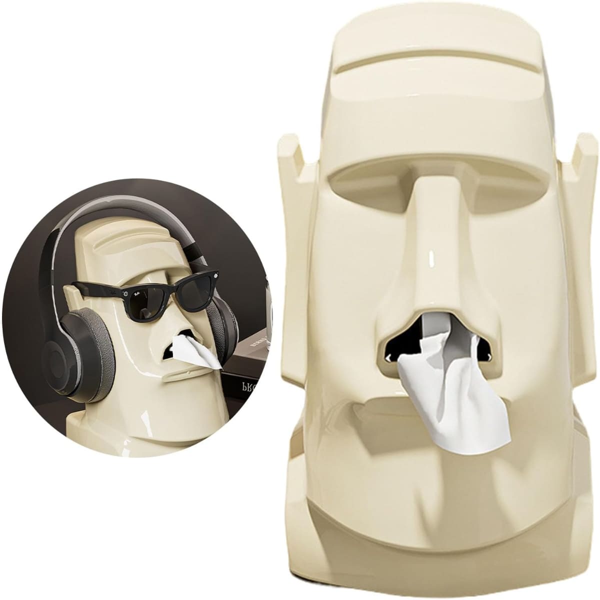 DISPENSADOR MOAI MULTIUSO PARA PAÑUELOS Y AUDÍFONOS COLOR CREMA - 1