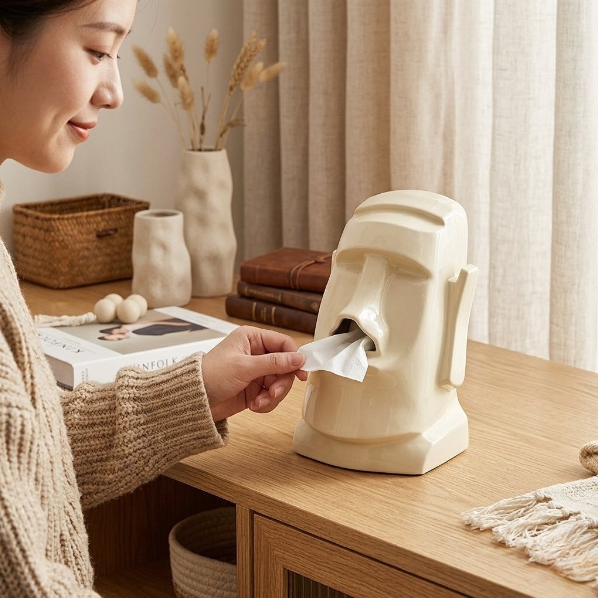 DISPENSADOR MOAI MULTIUSO PARA PAÑUELOS Y AUDÍFONOS COLOR CREMA - 2