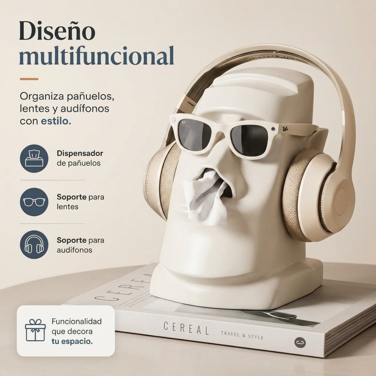 DISPENSADOR MOAI MULTIUSO PARA PAÑUELOS Y AUDÍFONOS COLOR CREMA - 3