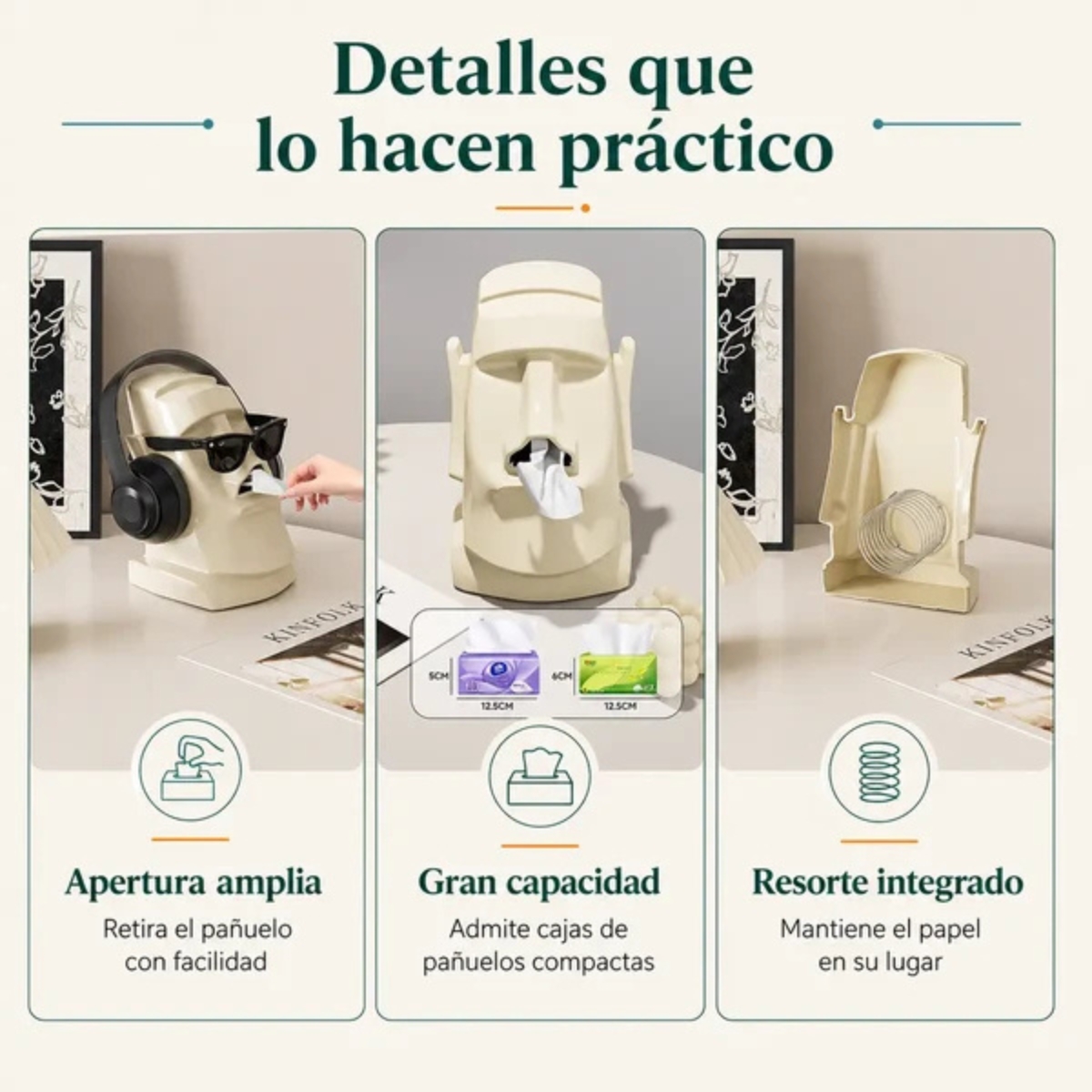 DISPENSADOR MOAI MULTIUSO PARA PAÑUELOS Y AUDÍFONOS COLOR CREMA - 5