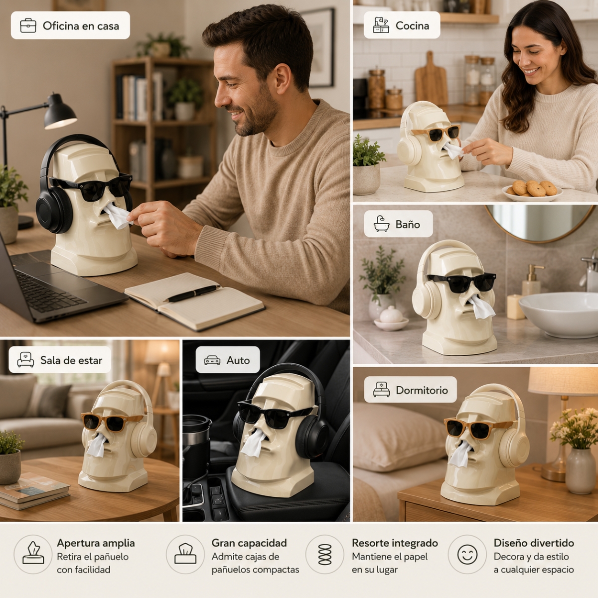 DISPENSADOR MOAI MULTIUSO PARA PAÑUELOS Y AUDÍFONOS COLOR CREMA - 6