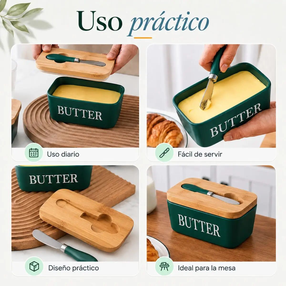MANTEQUILLERA DE CERÁMICA CON TAPA DE BAMBÚ Y CUCHILLO VERDE - 5
