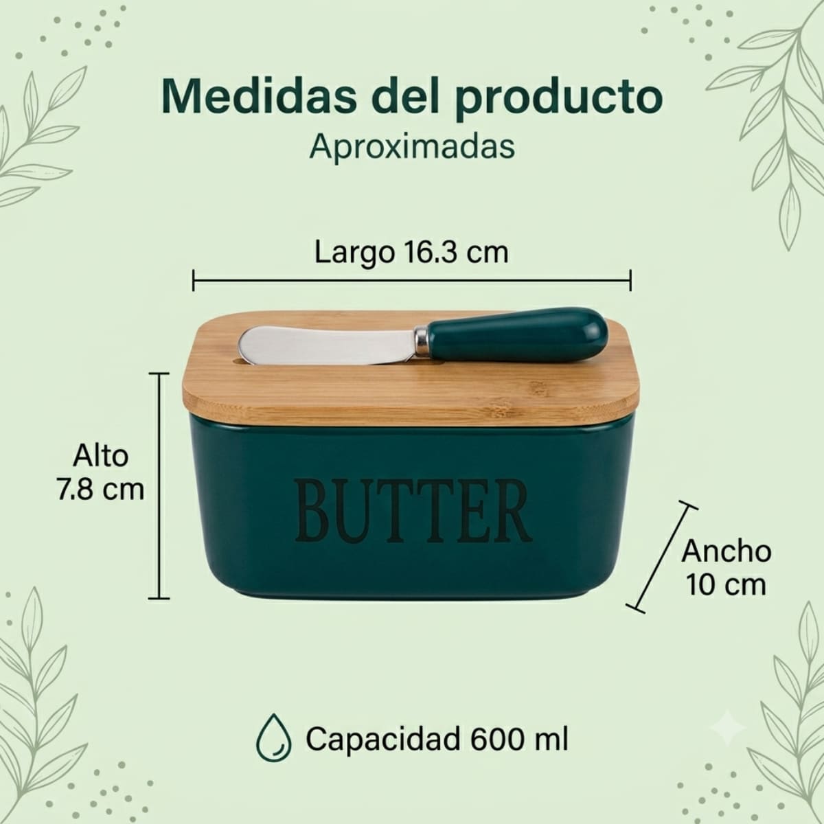 MANTEQUILLERA DE CERÁMICA CON TAPA DE BAMBÚ Y CUCHILLO VERDE - 6