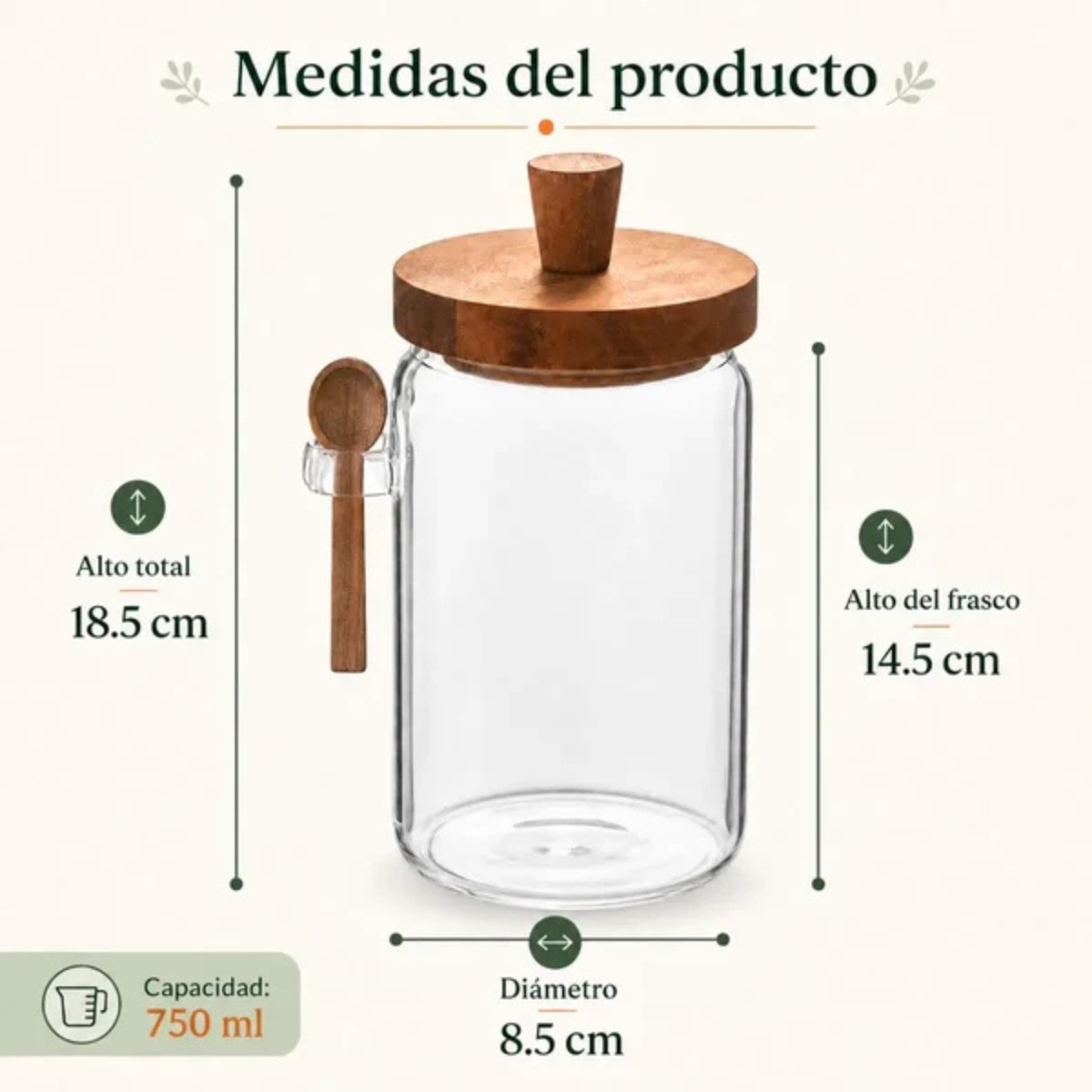 FRASCO DE VIDRIO BOROSILICATO 750 ML CON CUCHARA DE MADERA - 7