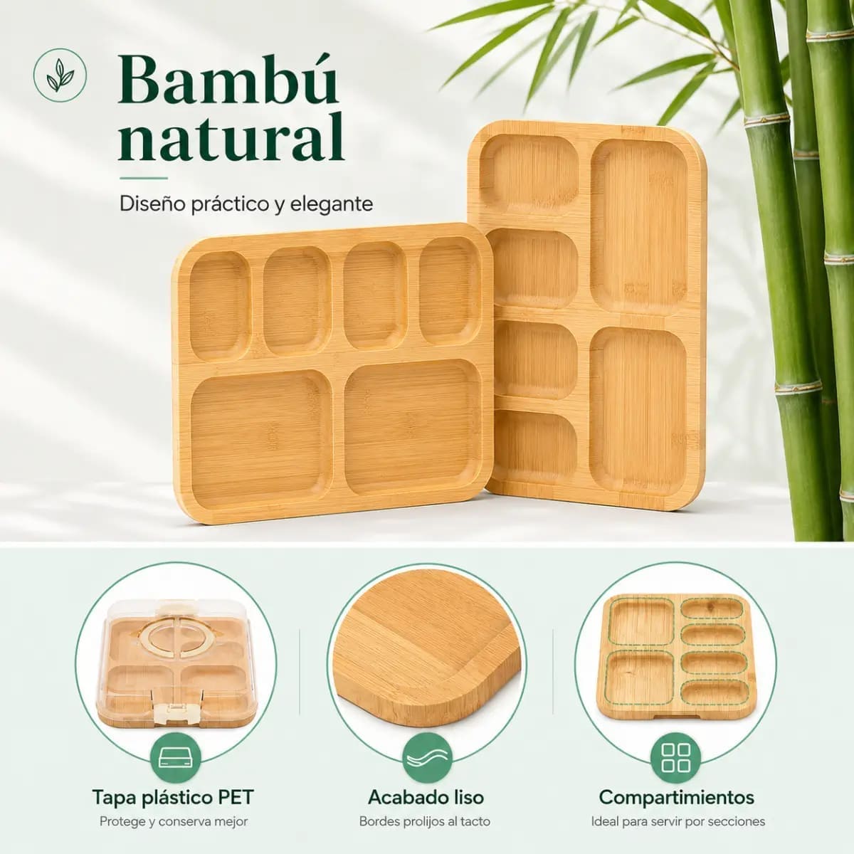 BANDEJA RECTANGULAR DE BAMBÚ CON TAPA Y DIVISIONES NEGRO - 5