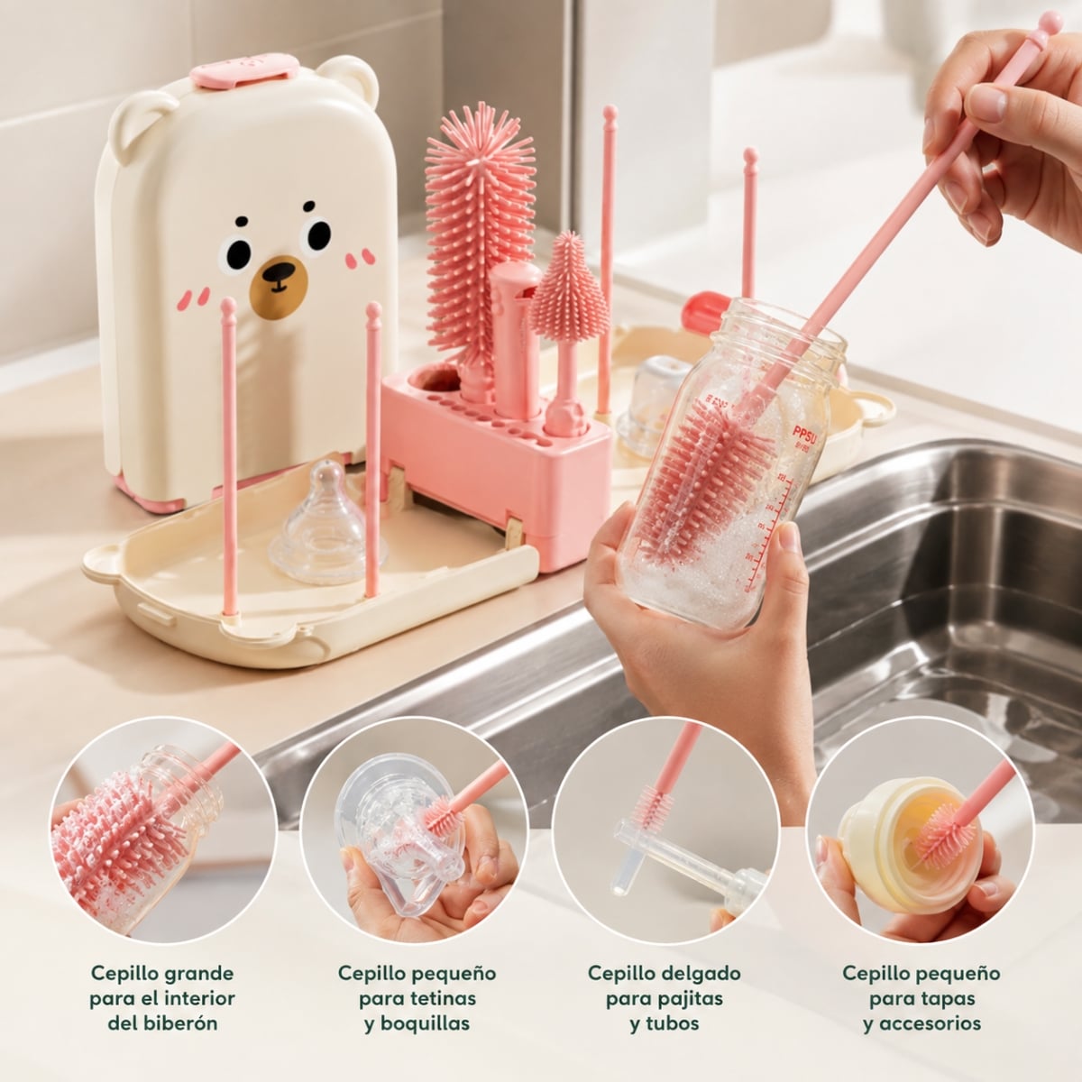 SET DE CEPILLOS PARA BIBERÓN PORTÁTIL NUBI ROSADO - 3