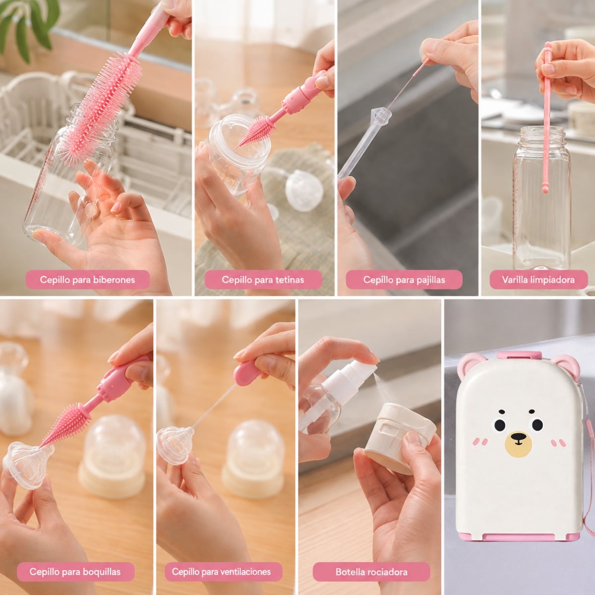 SET DE CEPILLOS PARA BIBERÓN PORTÁTIL NUBI ROSADO - 5