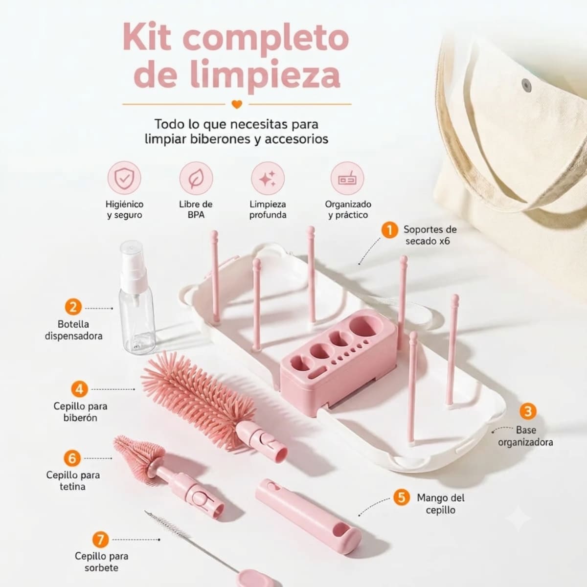 SET DE CEPILLOS PARA BIBERÓN PORTÁTIL NUBI ROSADO - 7
