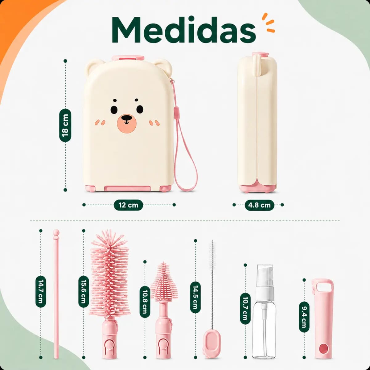 SET DE CEPILLOS PARA BIBERÓN PORTÁTIL NUBI ROSADO - 8