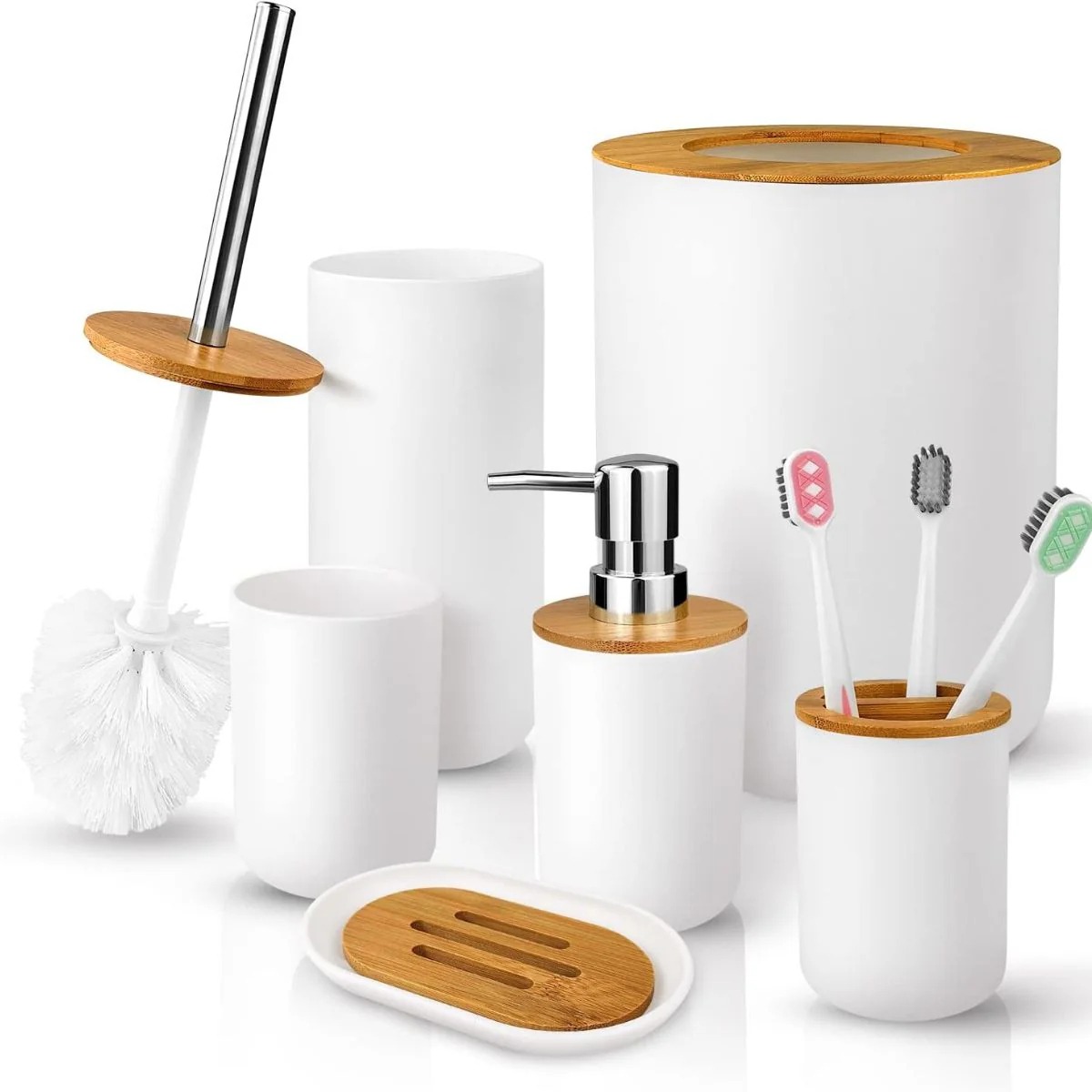 SET DE BAÑO CON BAMBÚ ESTILO MODERNO DE 6 PIEZAS AURA BLANCO - 1