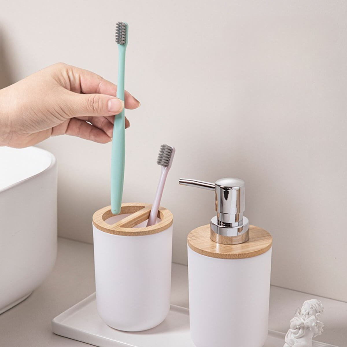 SET DE BAÑO CON BAMBÚ ESTILO MODERNO DE 6 PIEZAS AURA BLANCO - 2