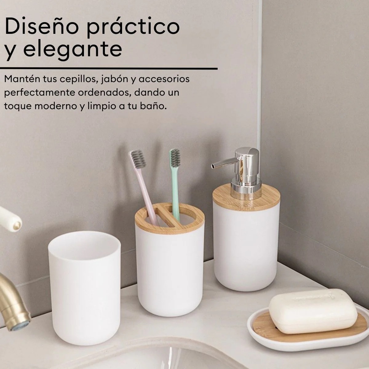 SET DE BAÑO CON BAMBÚ ESTILO MODERNO DE 6 PIEZAS AURA BLANCO - 4
