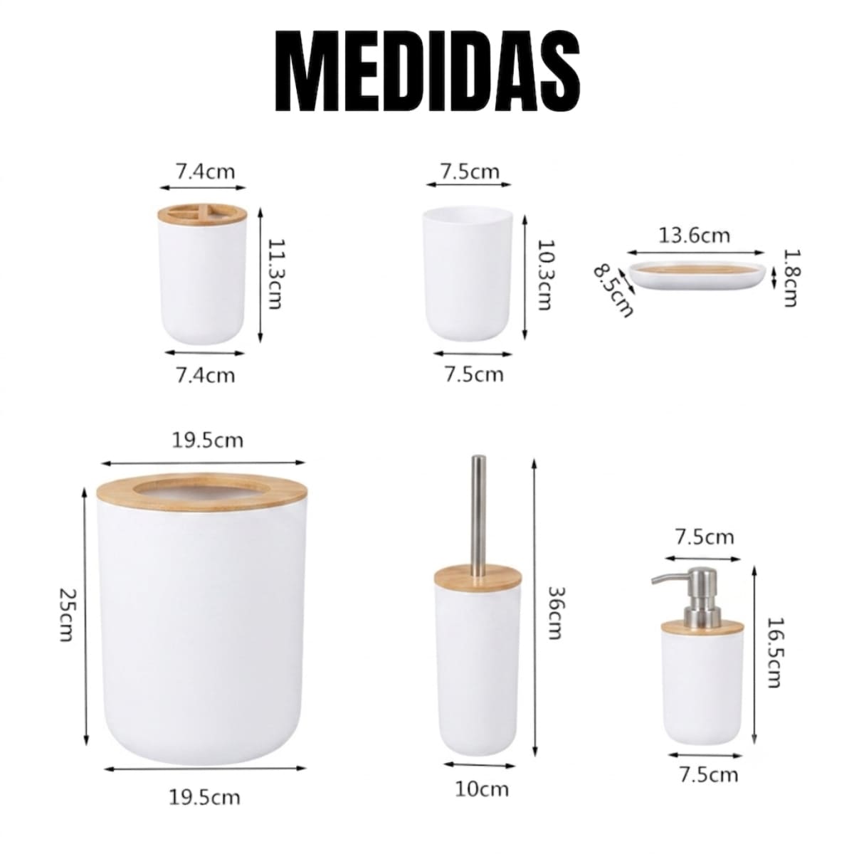 SET DE BAÑO CON BAMBÚ ESTILO MODERNO DE 6 PIEZAS AURA BLANCO - 7