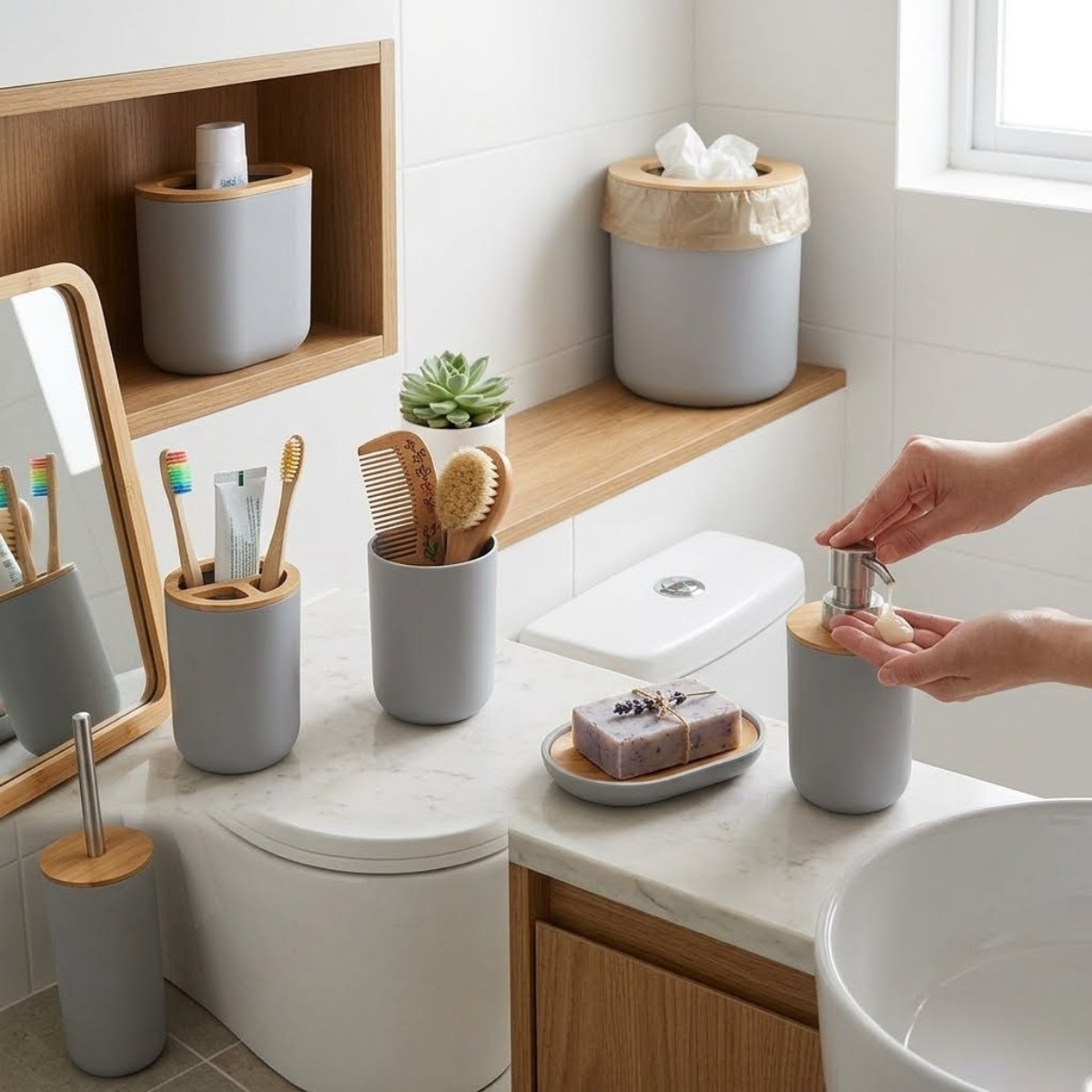 SET DE BAÑO CON BAMBÚ ESTILO MODERNO DE 6 PIEZAS AURA GRIS - 2