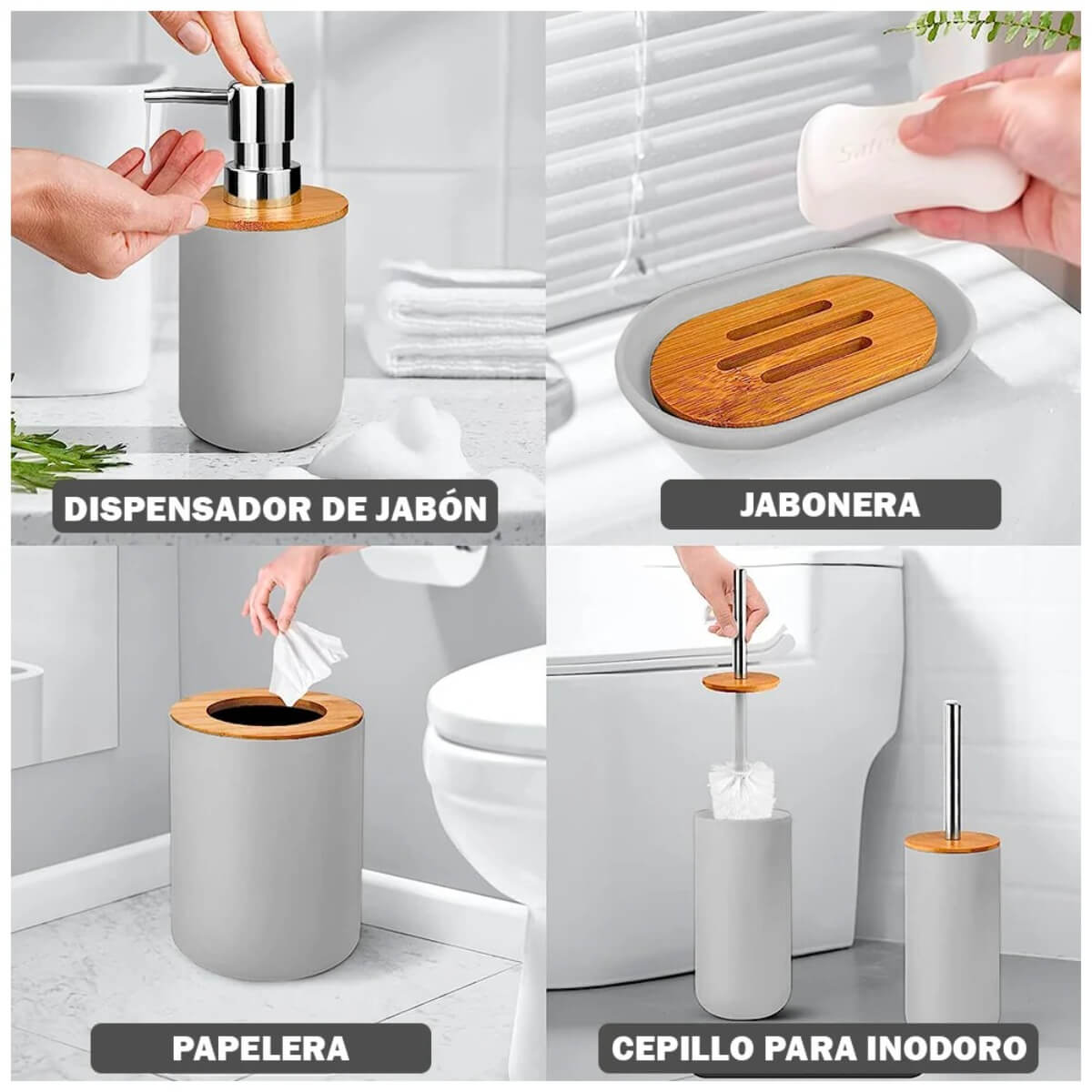 SET DE BAÑO CON BAMBÚ ESTILO MODERNO DE 6 PIEZAS AURA GRIS - 4
