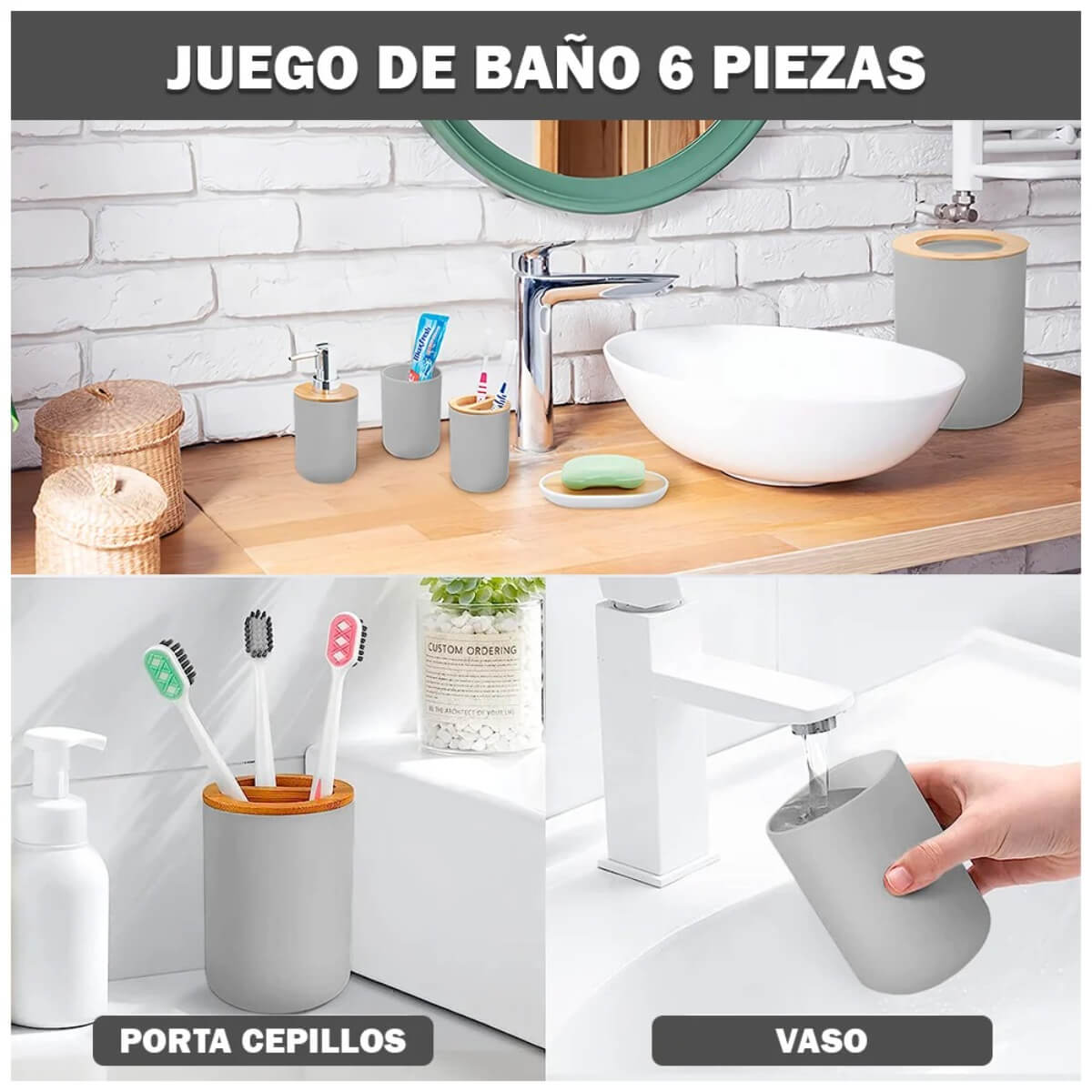 SET DE BAÑO CON BAMBÚ ESTILO MODERNO DE 6 PIEZAS AURA GRIS - 6