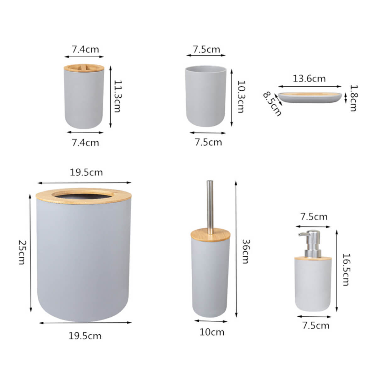 SET DE BAÑO CON BAMBÚ ESTILO MODERNO DE 6 PIEZAS AURA GRIS - 7