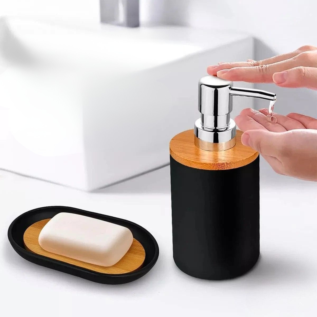 SET DE BAÑO CON BAMBÚ ESTILO MODERNO DE 6 PIEZAS AURA NEGRO - 2