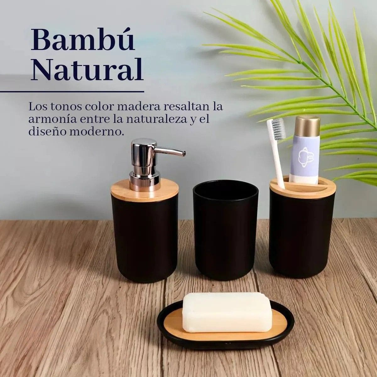 SET DE BAÑO CON BAMBÚ ESTILO MODERNO DE 6 PIEZAS AURA NEGRO - 5