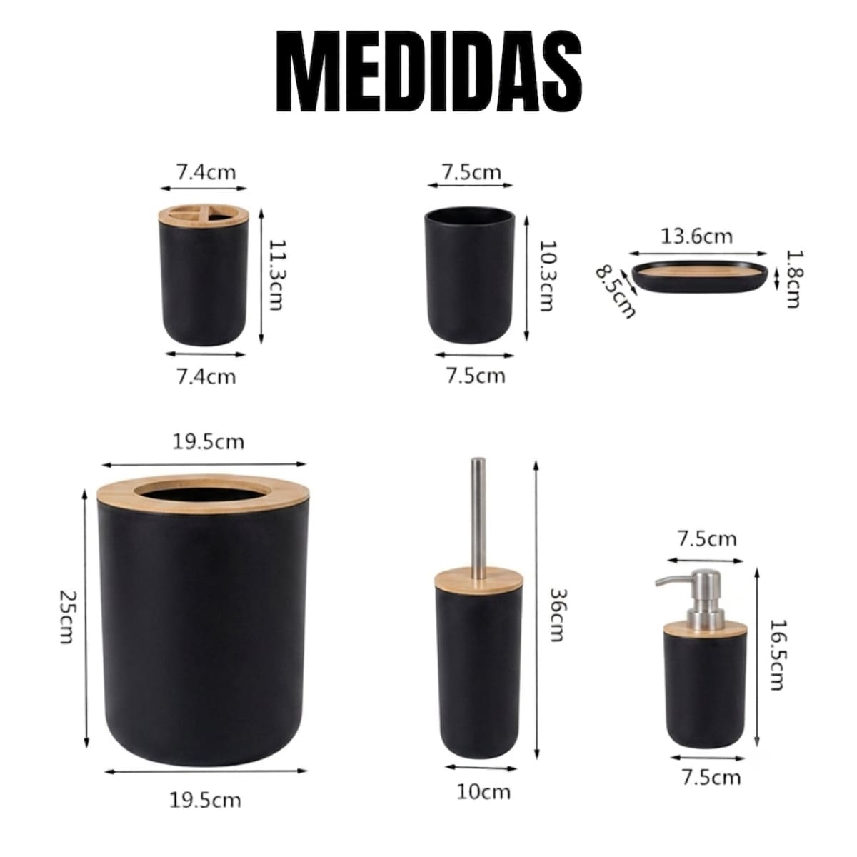 SET DE BAÑO CON BAMBÚ ESTILO MODERNO DE 6 PIEZAS AURA NEGRO - 6