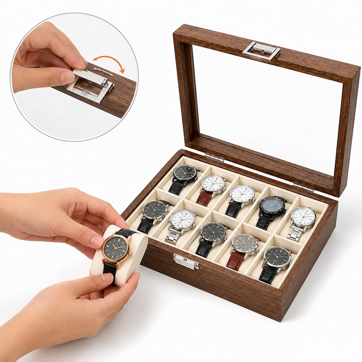 PORTA RELOJES DE 12 DIVISIONES CON TAPA TRANSPARENTE K770 - 1