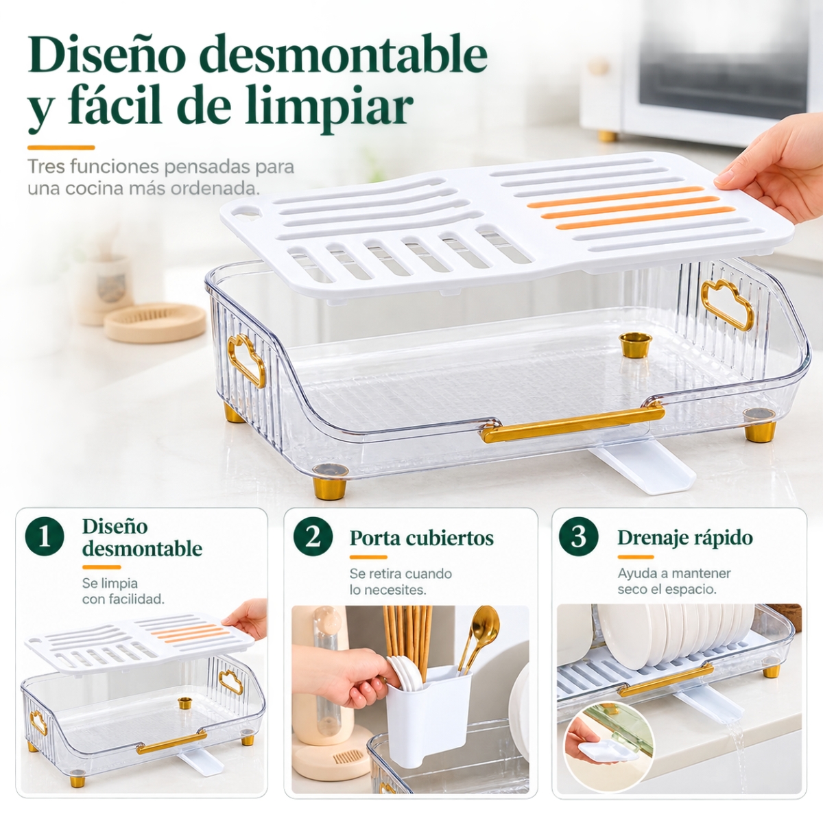 ESCURRIDOR DE PLATOS CON DRENAJE GIRATORIO ABIGAIL TRANSPARENTE - 5