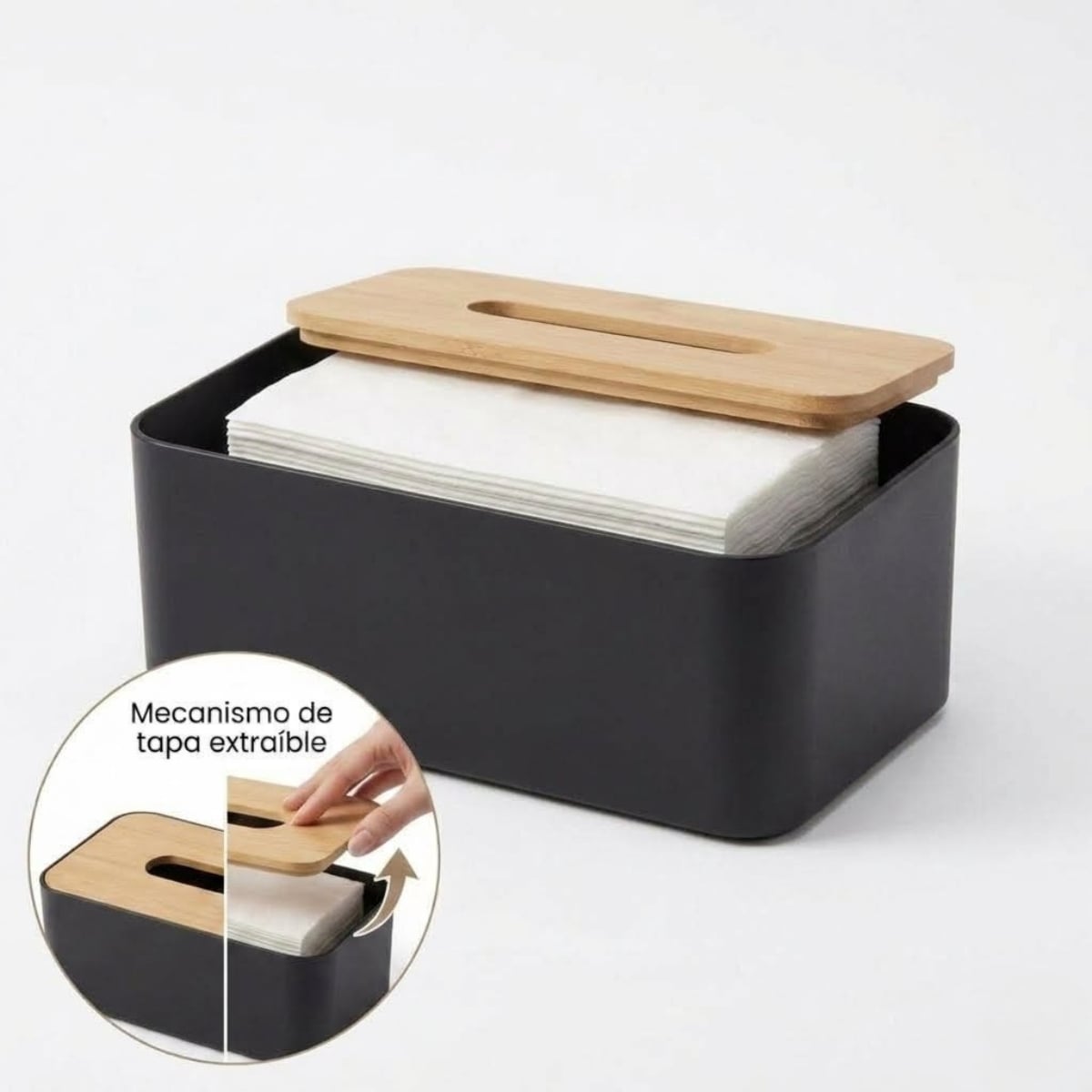 CAJA DISPENSADORA DE PAÑUELOS CON TAPA DISEÑO BAMBÚ COLOR NEGRO - 1