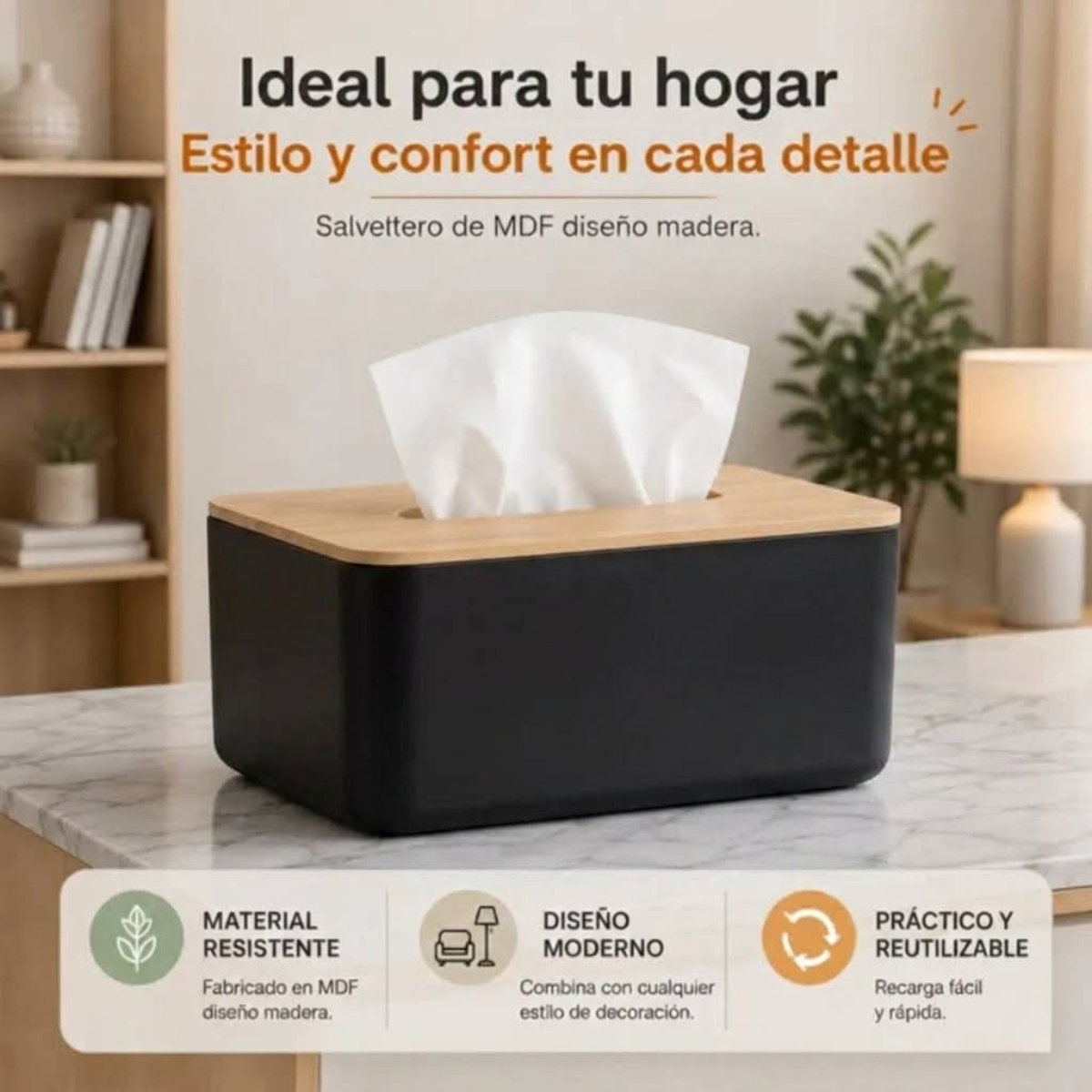 CAJA DISPENSADORA DE PAÑUELOS CON TAPA DISEÑO BAMBÚ COLOR NEGRO - 3
