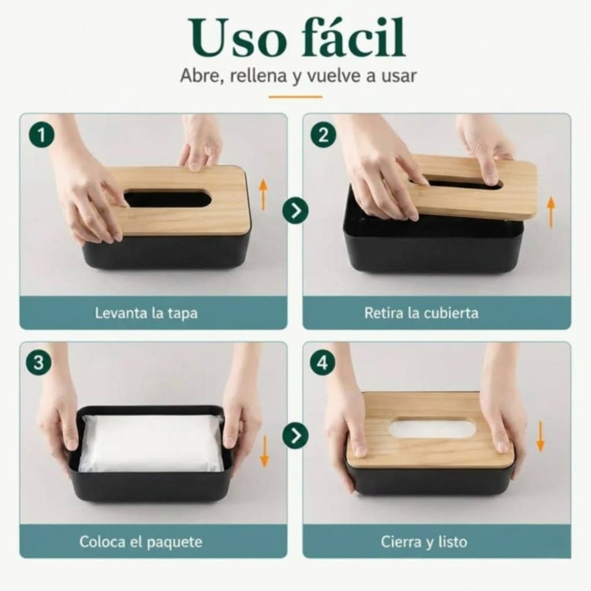 CAJA DISPENSADORA DE PAÑUELOS CON TAPA DISEÑO BAMBÚ COLOR NEGRO - 6