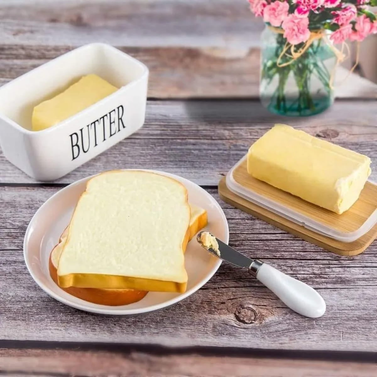 MANTEQUILLERA DE CERÁMICA CON TAPA DE BAMBÚ Y CUCHILLO BLANCO - 3