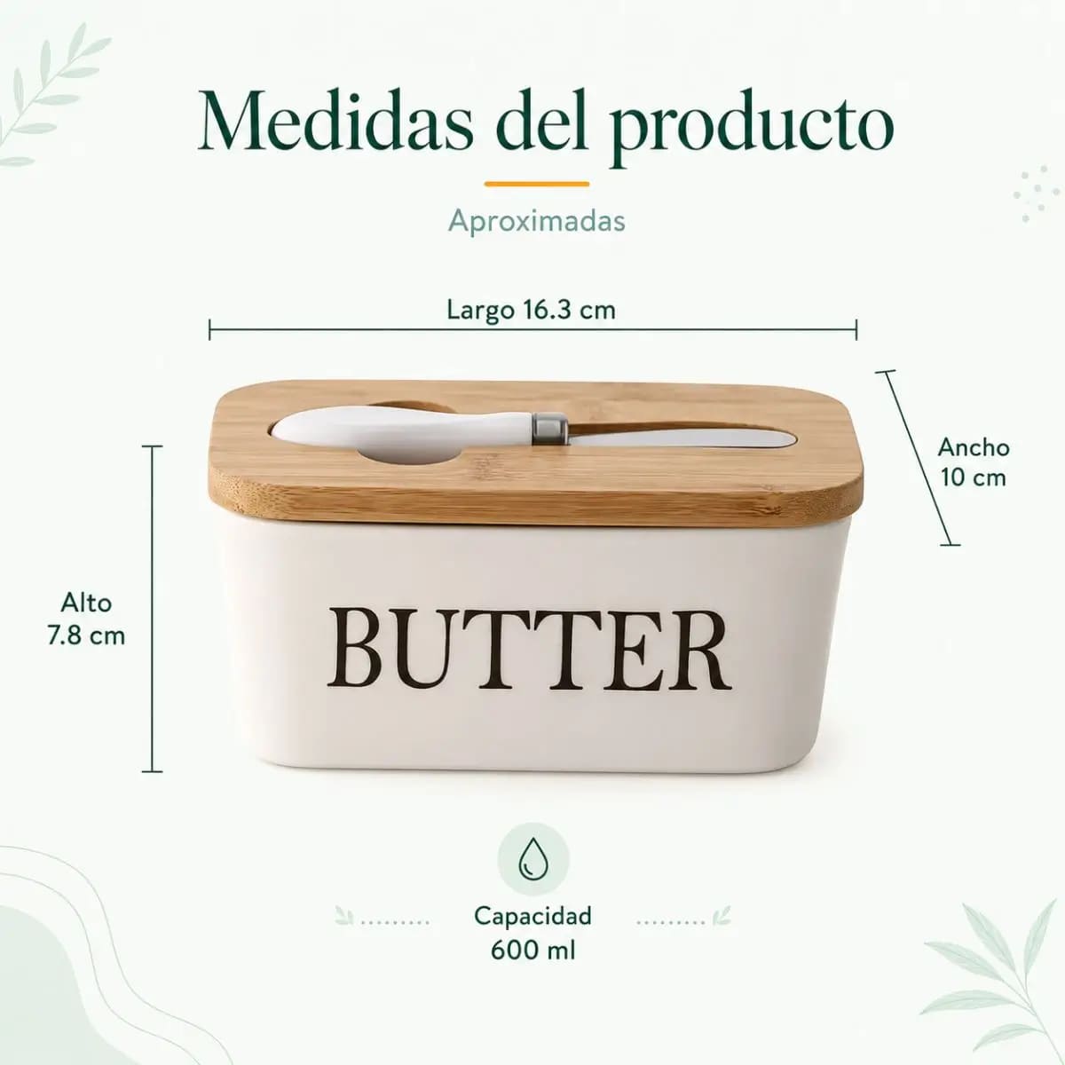 MANTEQUILLERA DE CERÁMICA CON TAPA DE BAMBÚ Y CUCHILLO BLANCO - 6